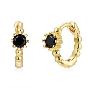14k Gold Plated Bobble Ball Hoop Earrings With Black Onyx Crystal Gemstone